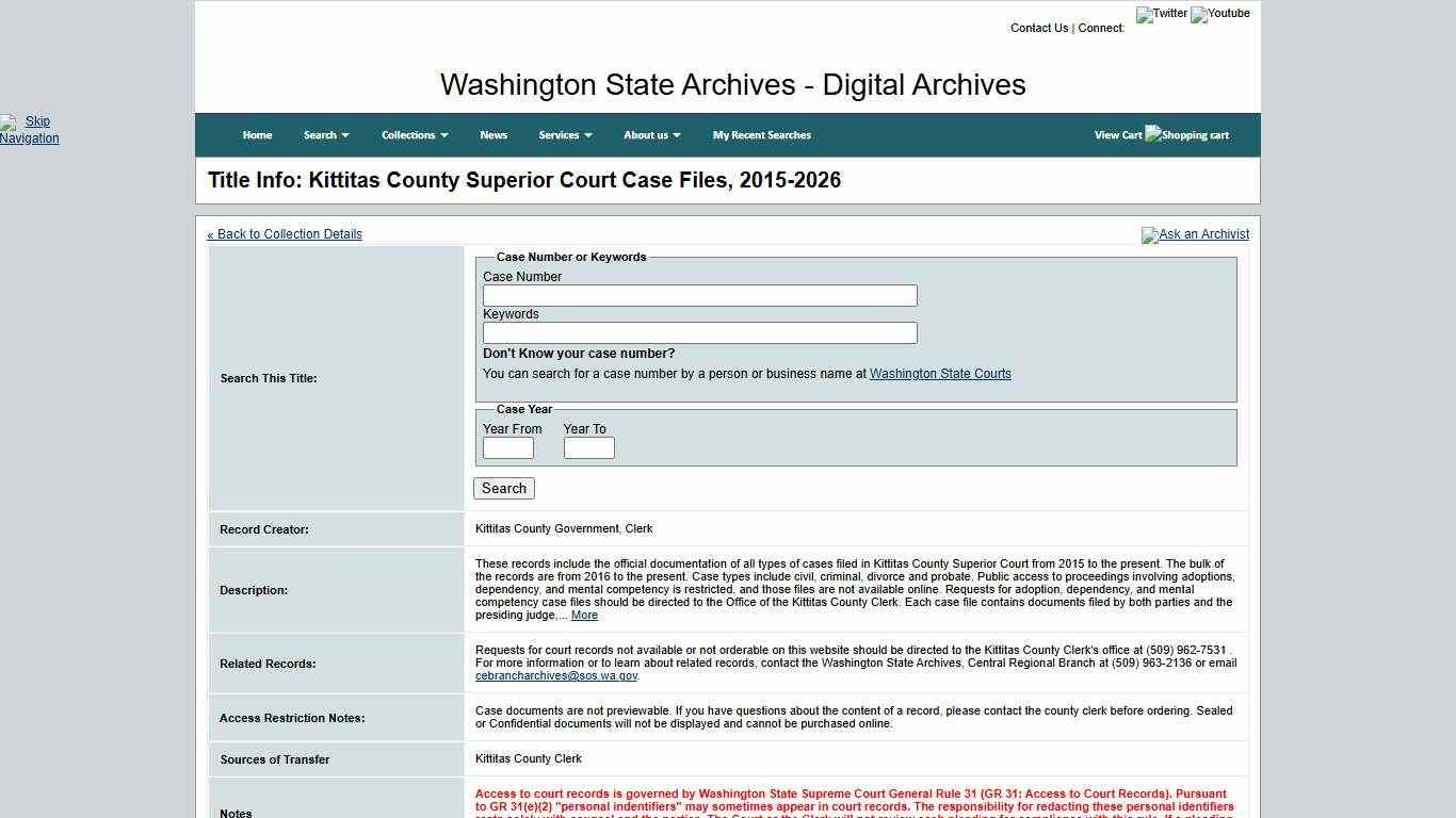 Washington State Archives, Digital Archives - Title Info: Kittitas County Superior Court Case Files, 2015-2026